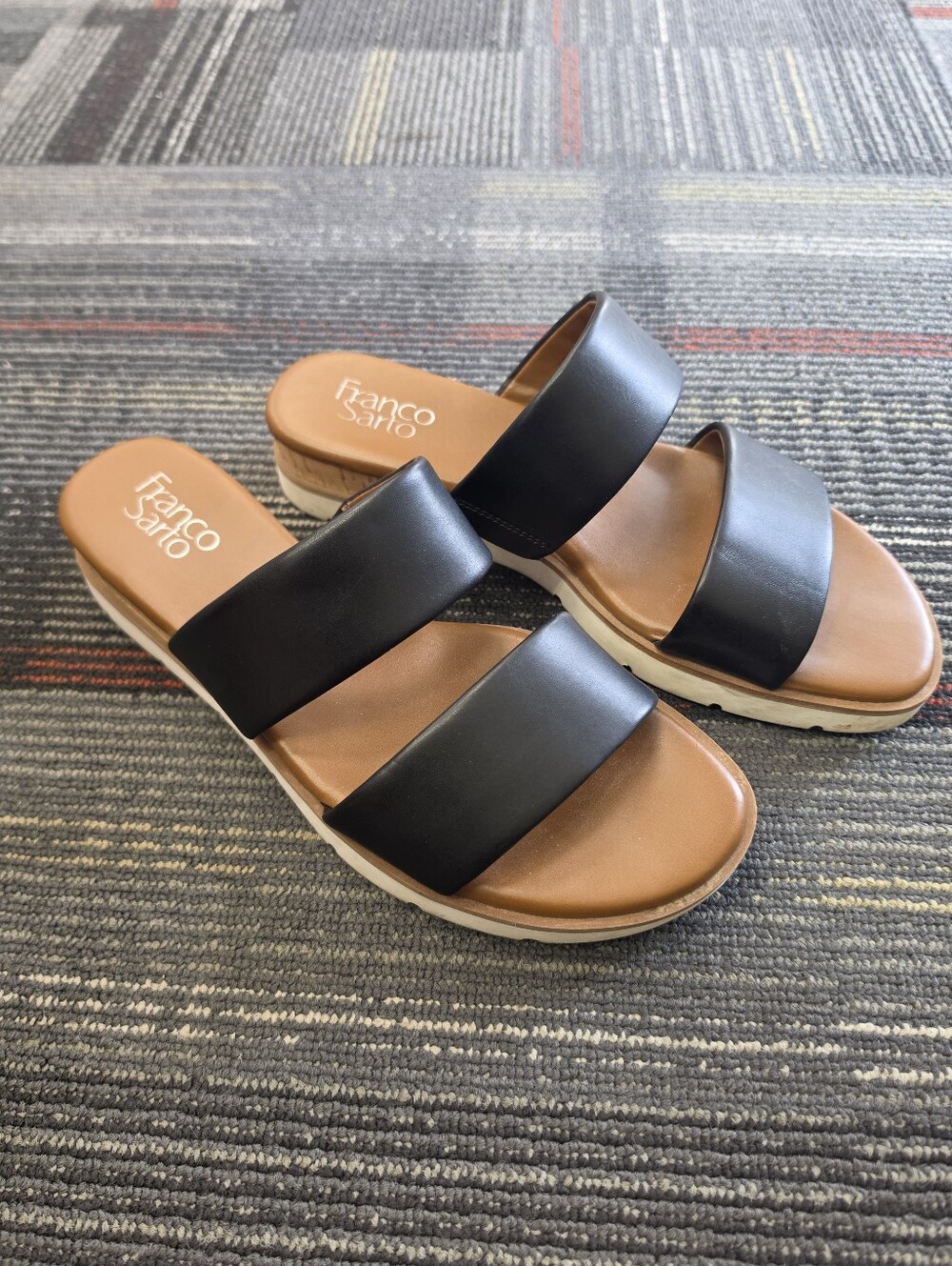 Franco Sarto Black Double Strap Cork Platform Slide Sandals Size 9.5